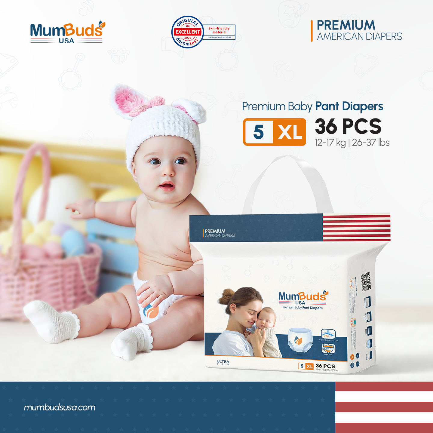MumBuds USA ZIPLOCK PACK Ultrathin Baby Diapers 5 XL (12-17kg) – 36 pcs Pant Style
