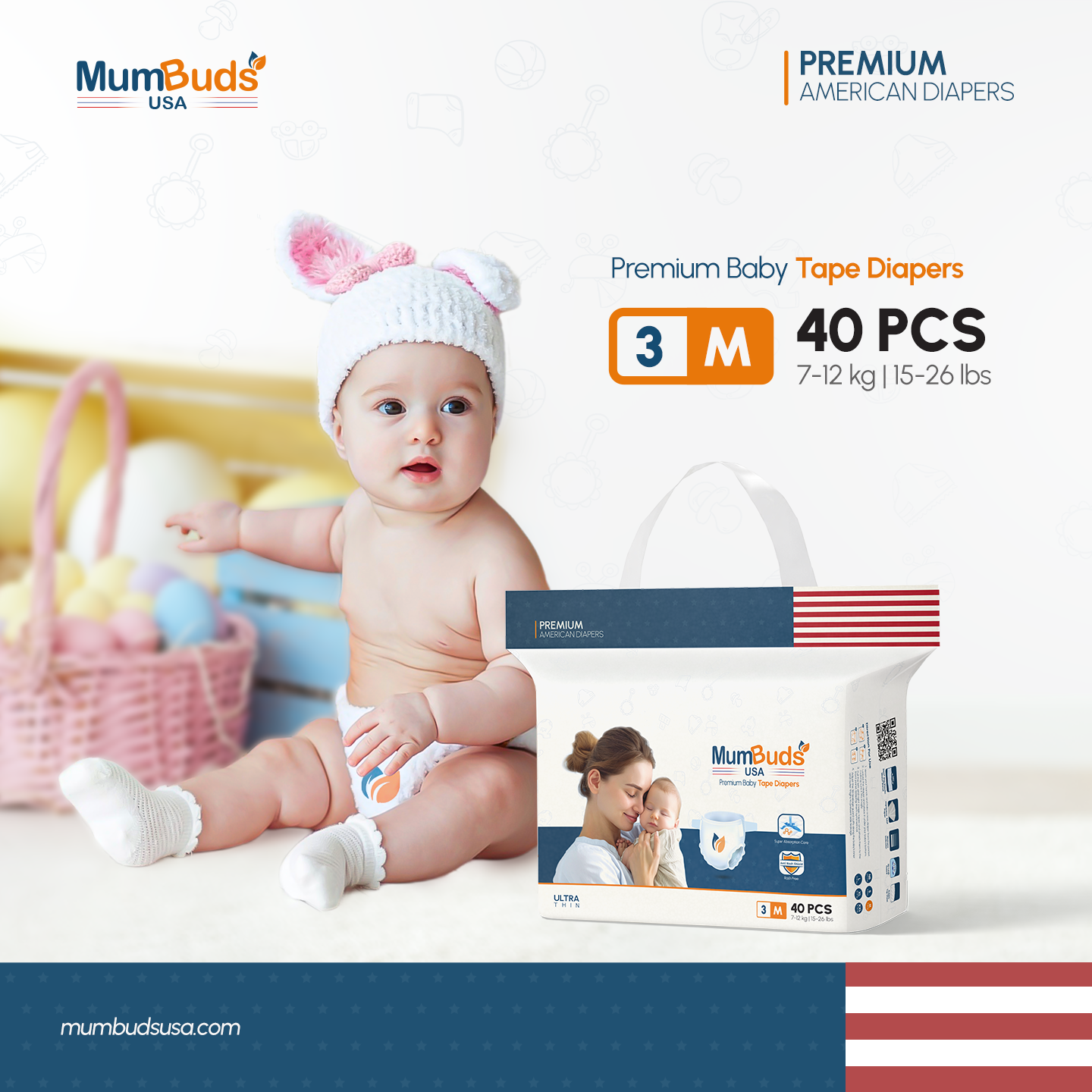 MumBuds USA ZIPLOCK PACK Ultrathin Baby Diapers 3 Medium (7–12 kg) – 40 pcs Tape Style