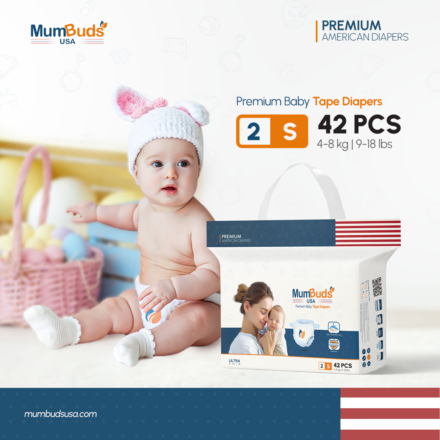 MumBuds USA ZIPLOCK PACK Ultrathin Baby Diapers 2 Small (4–8kg) – 42 pcs Tape Style