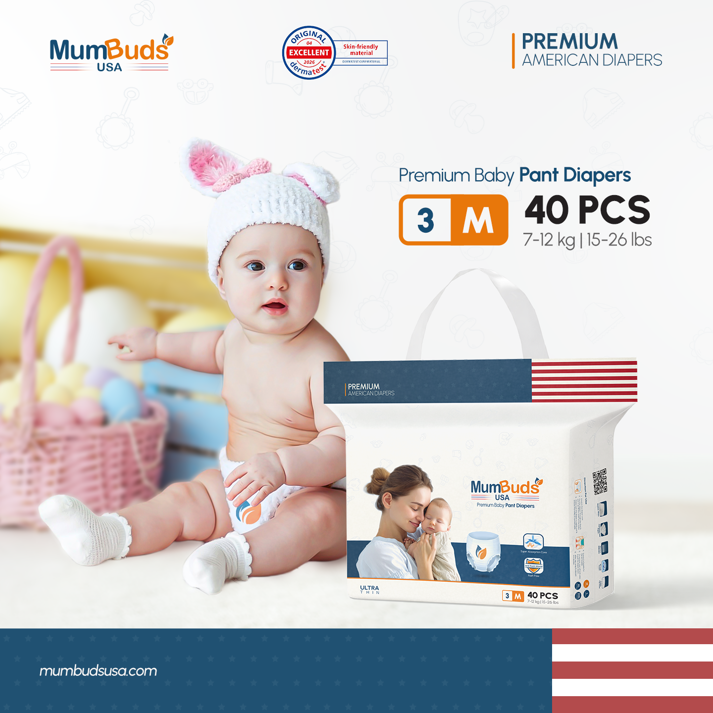 MumBuds USA ZIPLOCK PACK Ultrathin Baby Diapers 3 Medium (7-12kg) – 40 pcs Pant Style