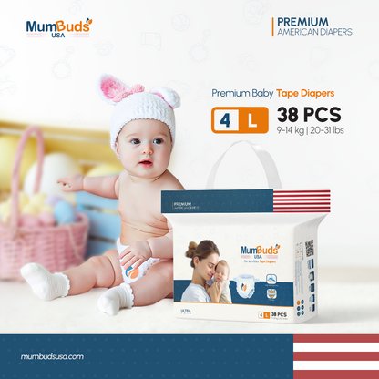 MumBuds USA ZIPLOCK PACK Ultrathin Baby Diapers 4 Large (9–14 kg) – 38 pcs Tape Style