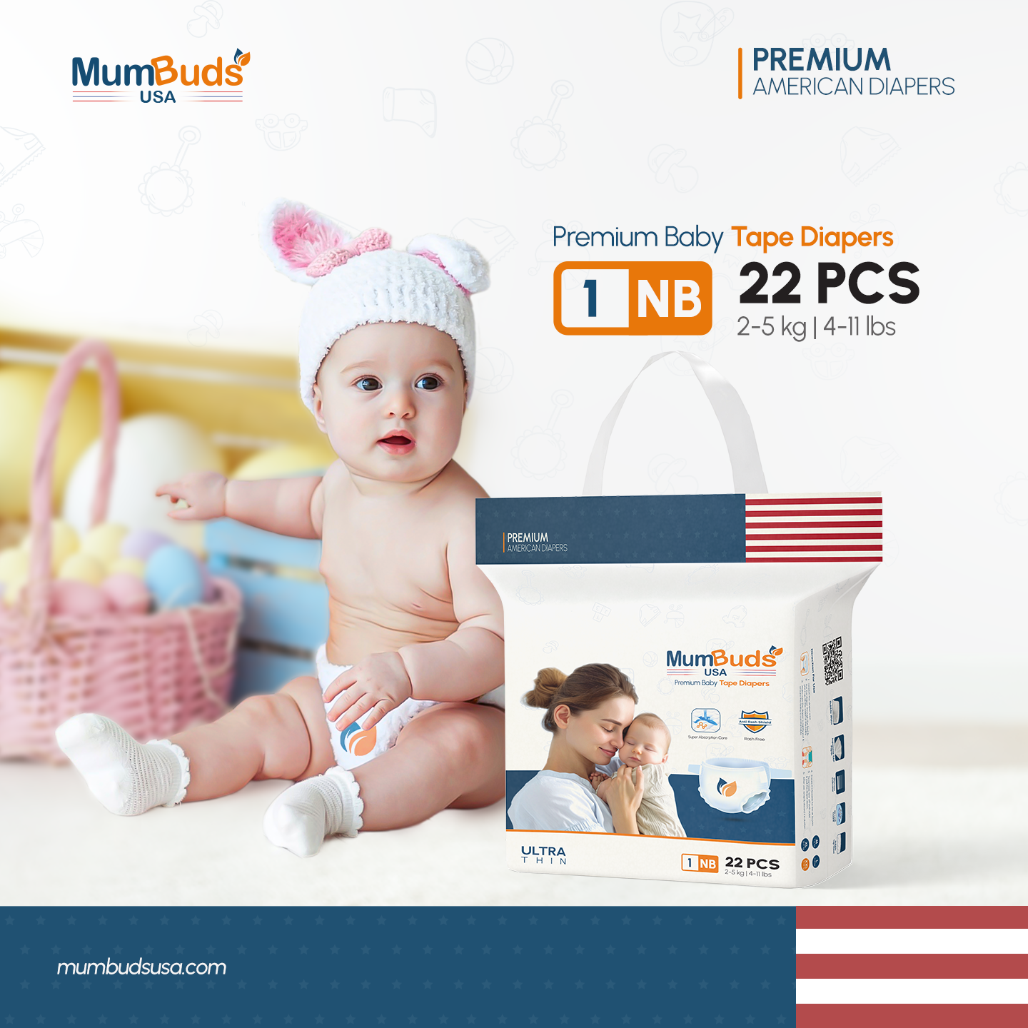 MumBuds USA ZIPLOCK PACK Ultrathin Baby Diapers 1 NewBorn (2–5kg) – 22 pcs Tape Style