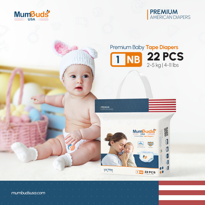 MumBuds USA ZIPLOCK PACK Ultrathin Baby Diapers 1 NewBorn (2–5kg) – 22 pcs Tape Style